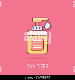 Hand sanitizer icon in comic style. Antiseptic bottle cartoon vector illustration on isolated background. Disinfect gel splash effect sign business co Stock Vector