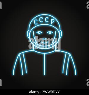 Soviet astronaut neon line icon. Cosmonaut from USSR in space suit. Vector illustration. Stock Vector