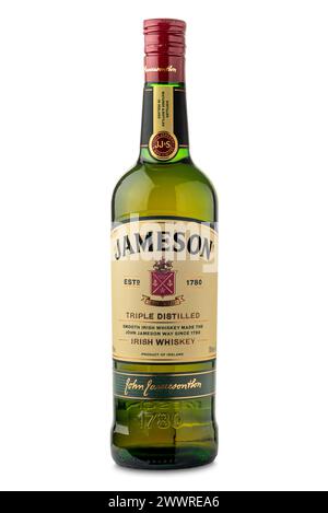 Italy - March 20, 2024: Jameson Irish Whiskey triple distillation in bottle isolated on white with clipping path included Stock Photo