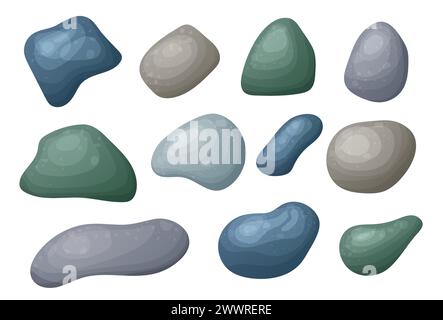 Round smooth pebble stone collection. Organic shape rock isolated. Various form of beach blob, splat. Ocean set vector illustration on white Stock Vector