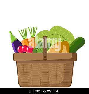 Fresh vegetables in a basket, Cabbage, Potato, Radish, Broccoli clipart, Healthy Eating concept Stock Vector