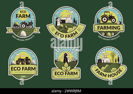 Farm badges. Field domestic animals set of stylized farm landscapes recent vector templates Stock Vector