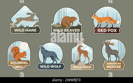 Wild animals labels. Stylized pictures for emblems wild forest wolf bear and fox deer recent vector badges with place for text Stock Vector