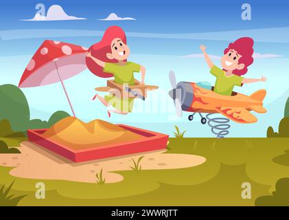 Kids playground kids playing outdoor with airplane toys flying and jumping vector cartoon background Stock Vector