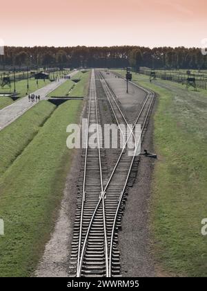 Aerial view of train station with platform in Auschwitz - Birkenau, or Oswiecim - Brzezinka, concentration camp, Poland Stock Photo