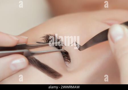 Eyelash extension procedure close up. Beautiful Woman with long lashes in a beauty salon. Stock Photo