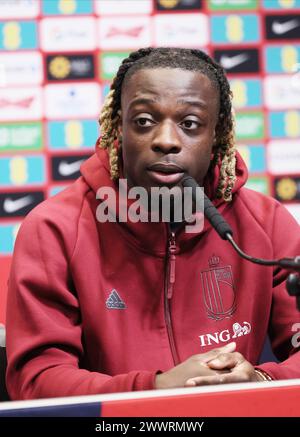 London, UK. 25th Mar, 2024. Belgium's Jeremy Doku pictured during a press conference of Belgian national soccer team Red Devils in London, England, United Kingdom on Monday 25 March 2024. The Devils are preparing for a friendly game against England on Monday, in preparation of the Euro 2024 tournament. BELGA PHOTO BRUNO FAHY Credit: Belga News Agency/Alamy Live News Stock Photo