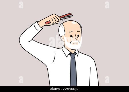 Elderly balding man holds comb over head, upset about hair loss due to old age. Balding businessman in white shirt and tie is thinking of hair transplant operation on forehead and occiput Stock Vector