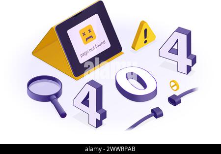 404 lost page. Disconnect isometric concept, web page is down. Technology broken, site error or problems on app. Service dont work, pithy vector scene Stock Vector