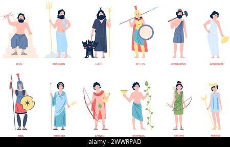 Greek gods. Mediterranean old culture and religion, god of greece. Mythology and legends characters. Aphrodite, zeus, hermes recent vector set Stock Vector