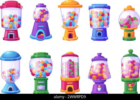 Cartoon candy machine. Isolated vending machines with bubble gum and sweet candies. Childish entertainment, glass packing with sweets nowaday vector Stock Vector