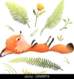 Funny Playful Fox Laying in Forest Animal for Kids Stock Vector