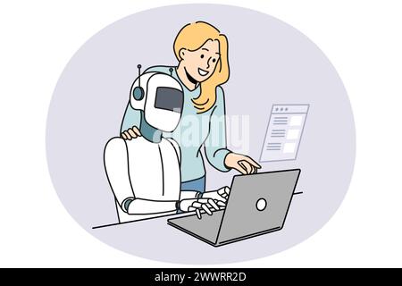 Female employee and robotic assistant work together on computer. Robot tester search program bugs and mistakes in software on laptop. QA concept. Vector illustration. Stock Vector
