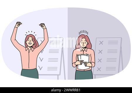 Comparison of woman with unfinished and finished work tasks. Failed and successful female employee with plans and list on board. Vector illustration. Stock Vector