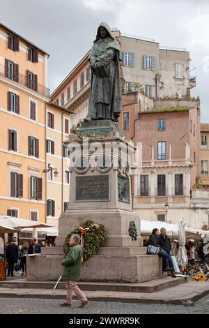 Rome, Italy - March 18 2018: The monument to the philosopher Giordano Bruno created by Ettore Ferrari in 1889, at the centre of the square of Campo de Stock Photo