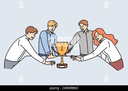 Team of business people fight for golden cup, standing around table and holding out hands to trophy. Award for first place in business contests evokes sense of competition among office employees Stock Vector