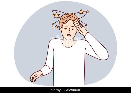 Suffering man experiencing pain in head after severe injury puts hand on forehead. Guy suffers from dizziness or needs to take drugs against intracranial pressure. Flat vector illustration Stock Vector