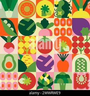 Seamless pattern of vegetables. Geometric and minimalist style. Great for backgrounds, cards, posters, banners, textile prints, covers, web design. Stock Vector