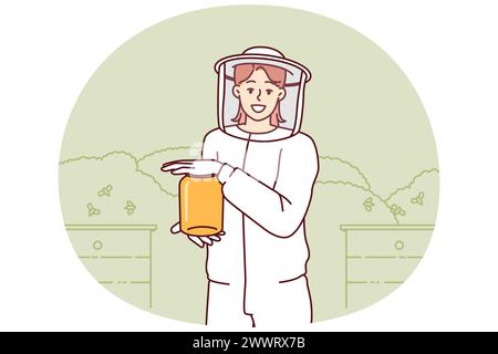 Young woman beekeeper in protective uniform holding jar of honey standing in apiary among flying bees. Girl farmer breeds bees in garden getting organic honey for sale at fair of ecological products Stock Vector