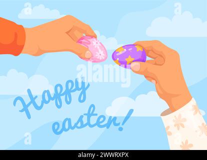 Hands knocking eggs. Family game easter orthodox tradition, friend hand knock break boiled decorated egg shell game, religion spring holiday celebration neat vector illustration of easter game Stock Vector