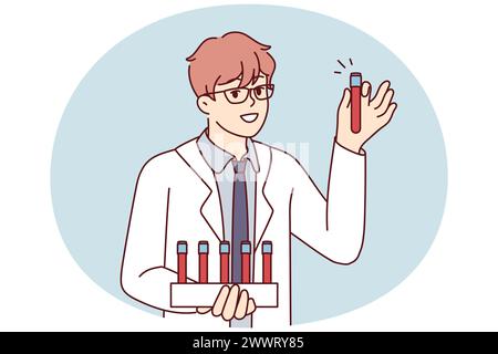 Young man scientist in white coat holds test tubes with blood samples for scientific experiments. Smart guy working as doctor in private clinic demonstrates plastic flask. Flat vector illustration Stock Vector