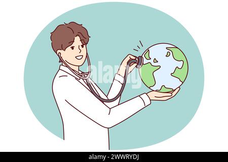 Man doctor applies stethoscope to globe demonstrating care for ecology and nature. Eco-activist guy in white coat wants to help reduce harmful emissions on planet. Flat vector illustration Stock Vector