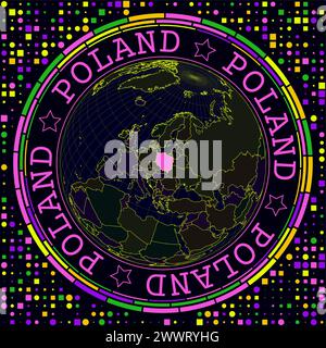 Futuristic Poland on globe. Bright neon satelite view of the world centered to Poland. Geographical illustration with shape of country and geometric b Stock Vector