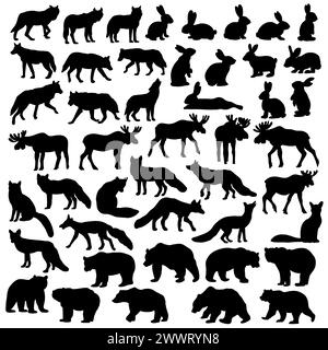 Black silhouette set of forest animals like foxes, wolves, bears, hares and moose in different actions while hunting, searching for food and other. Stock Vector