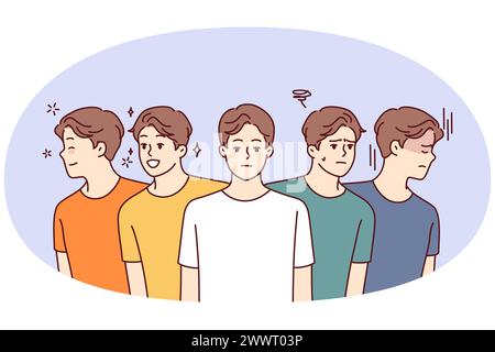 Identical men with positive and negative emotions look in different directions for concept of frequent mood swings. Young guys in colorful casual t-shirts smile or frown. Flat vector illustration Stock Vector