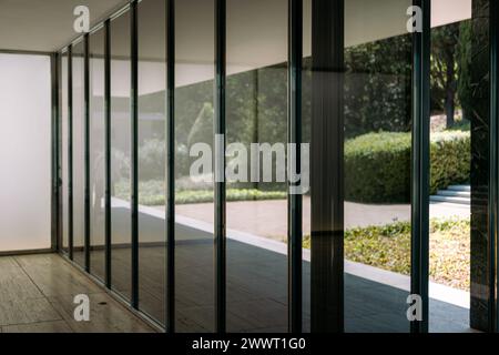 Interior of Mies van der Rohe's pavilion in Barcelona, glass détail Stock Photo
