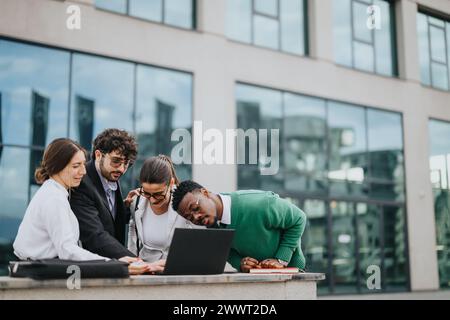 Young startup team collaborating on project with outdoor meeting in urban setting Stock Photo