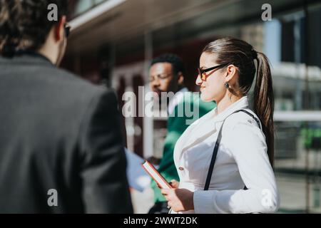Business colleagues collaborating on a sunny day in an urban setting Stock Photo