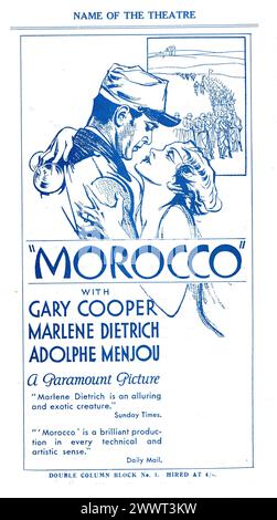 A vintage ad for MOROCCO 1930 starring GARY COOPER and MARLENE DIETRICH Director JOSEF VON STERNBERG Play Amy Jolly by BENNO VIGNY Paramount Pictures Stock Photo