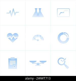 Set of light blue gradient medical scientific icons. Flat cartoon vector illustration. Objects isolated on a white background. Stock Vector