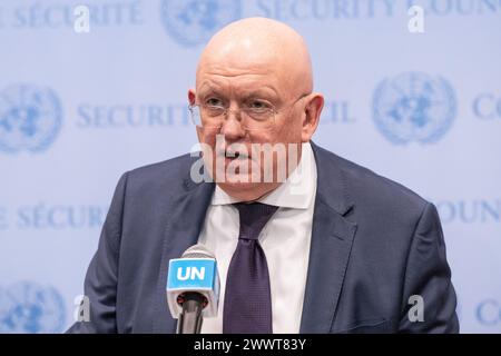 Russian Ambassador Vassily Nebenzia speaks to the press at UN Headquarters in New York on March 25, 2024. Russia on 25th anniversary of Nato intervention into Former Republic of Yugoslavia requested a Security Council meeting. Russia attempted to make parallels between NATO intervention and their own war against Ukraine. There was hitted exchange between Ambassadors of France Nicolas De Riviere and Russia Vassily Nebenzia on agenda for the meeting and eventual vote on procedural agenda returned results as 3 in favor (Russia, Algeria, China) and 12 abstained (United Kingdom, United States, Malt Stock Photo