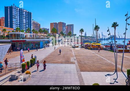 MALAGA, SPAIN - SEPT 28, 2019: Malaga Port with line of shops and restaurants on Muelle Uno Pier, Malaga, Spain Stock Photo