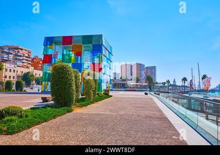 MALAGA, SPAIN - SEPT 28, 2019: The scenic colorful glass cube-shaped Centre Pompidou Malaga museum, Malaga, Spain Stock Photo