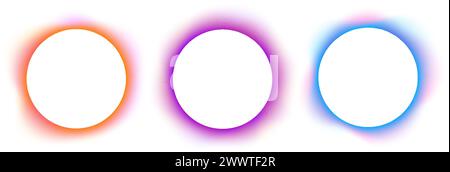 Set of blurry round frames. Collection of circle shapes with colorful neon gradient borders isolated on white background. Abstract design elements with empty space. Vector illustration. Stock Vector