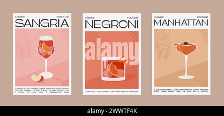 Sangria, Negroni and Manhattan Cocktail. Classic alcoholic beverage recipe. Modern trendy print. Summer aperitif wall art. Garnished drink graphic Stock Vector
