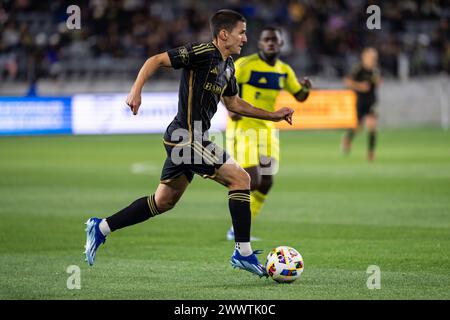 LAFC defender Sergi Palencia (14) during a MLS match against the Nashville SC, Saturday, March 23, 2024, at the BMO Stadium, in Los Angeles, CA. LAFC Stock Photo