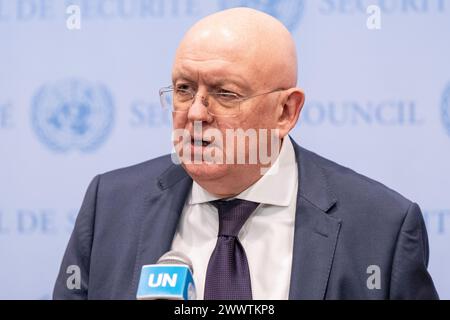 Russian Ambassador Vassily Nebenzia speaks to the press at UN Headquarters in New York on March 25, 2024 Stock Photo
