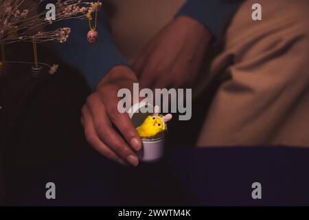 Woman holding a toy chicken egg in hands with a yellow funny little chick with bunny rabbit's ears peeking out of it. Cute festive decor, presents. Stock Photo