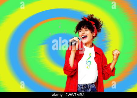 Singer's performance poster. Woman with microphone on bright background ...