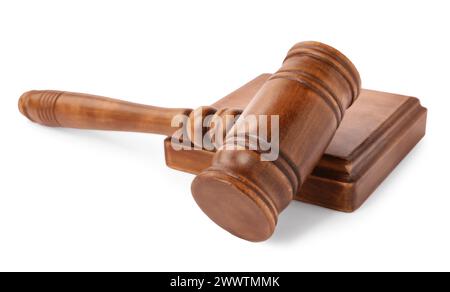 Wooden gavel isolated on white. Small mallet Stock Photo