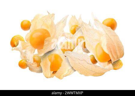 Ripe orange physalis fruits with calyx falling on white background Stock Photo