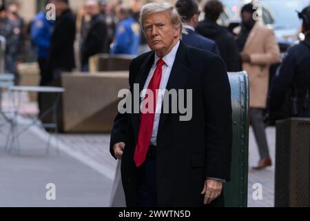 Manhattan, United States. 25th Mar, 2024. Former President Donald Trump arrives at 40 Wall Street after his New York criminal hush money case at Manhattan Criminal Court His trial will begin on April 15th, 2024. Credit: SOPA Images Limited/Alamy Live News Stock Photo