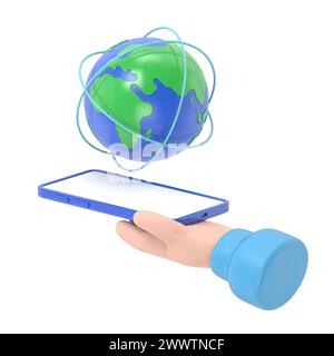 Flat 3d isometric businessman hand holding smartphone with world and global network. internet connection and global communication concept.3D rendering Stock Photo