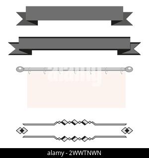 Set of banner ribbons and curtain rail. Decorative divider with diamonds. Elegant design elements. Vector illustration. EPS 10. Stock Vector