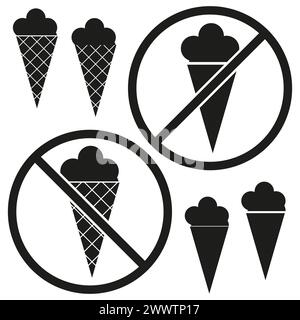 Ice cream cones denied sign. No dessert symbol. Forbidden sweets icon. Dietary restrictions emblem. Vector illustration. EPS 10. Stock Vector