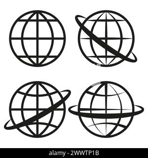 Globe icons set. World map symbols. Global network signs. Orbit line variations. Vector illustration. EPS 10. Stock Vector